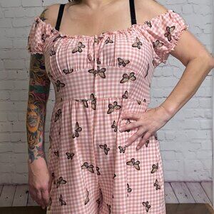 2X*No Comment*Pink & White Checked Shorts Romper w/ Butterfly Print